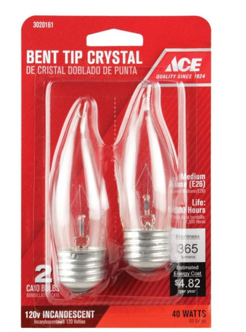 Ace 40 W CA9 Bent Tip Incandescent Light Bulb Medium Base (E26) White 2 pk