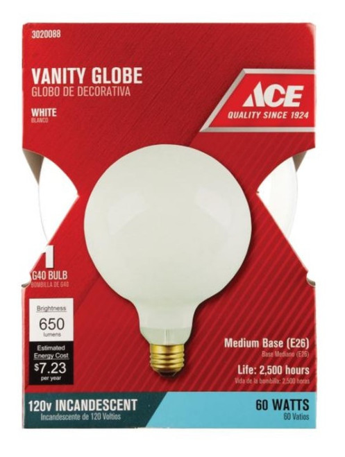 Ace 60 W G40 Globe Incandescent Light Bulb Medium Base (E26) White 1 pk