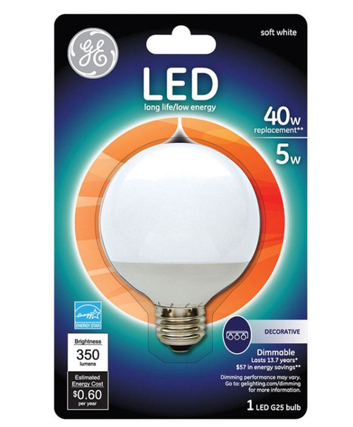 GE G25 E26 (Medium) LED Bulb Soft White 40 Watt Equivalence 1 pk