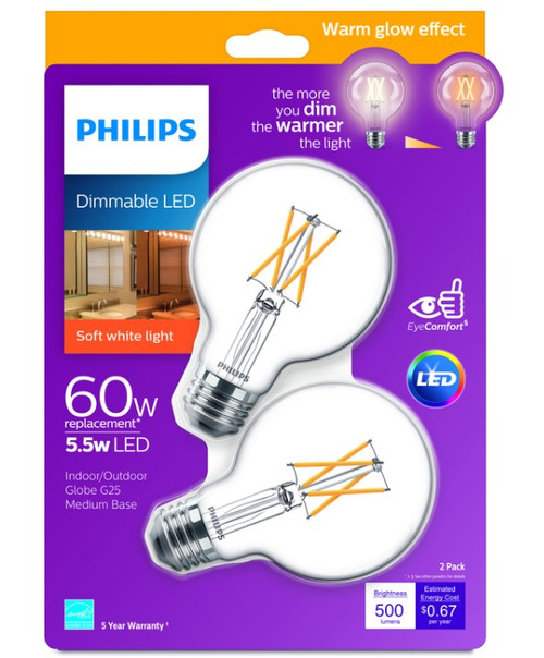 Philips G25 E26 (Medium) LED Bulb Soft White 60 Watt Equivalence 2 pk