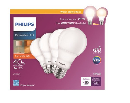 Philips A19 E26 (Medium) LED Bulb Soft White 40 Watt Equivalence 4 pk