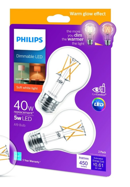 Philips A19 E26 (Medium) LED Bulb Soft White 40 Watt Equivalence 2 pk