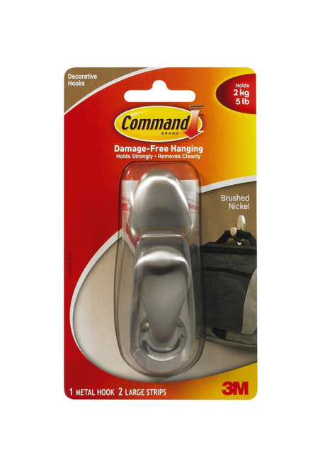 Command Adhesive Mount Metal Hook, Large, Brushed Nickel Finish, 1 Hook & 2 Strips/Pack