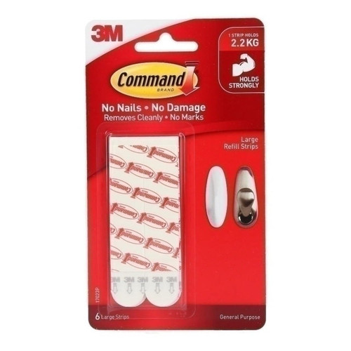 Command Large, White, (17023P-ES), 6 Refill Strips, 6 Count