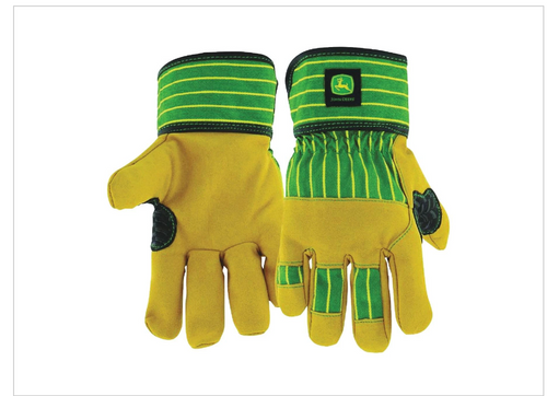 John Deere JD00024-Y Youth Split Cowhide Leather Palm Gloves, Abrasion Resistant, Yellow/Green, Youth-Small