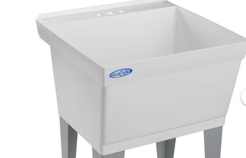 Mustee 23-in x 23.5-in 1-Basin White Freestanding Laundry Sink with Drain(HASPAINTSPLATTERS ONIT)