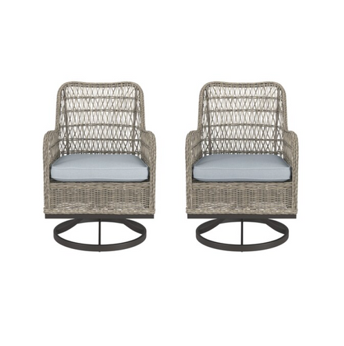 allen + roth Pointe Break Set of 2 Wicker Brown Steel Frame Swivel Dining Chair with Blue Cushioned Seat