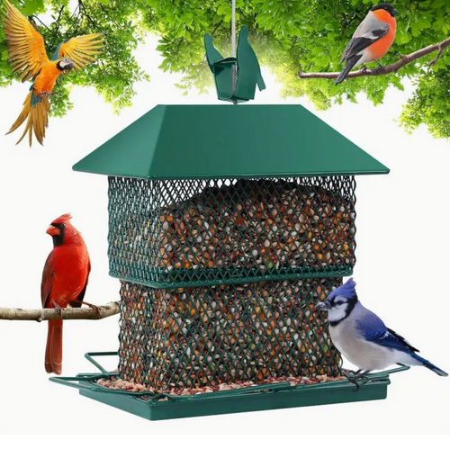 Metal Bird Feeder for Outside Squirrel Proof Wild Bird Feeder Outdoor Hanging Cardinal Feeder Retractablewith 4.4 lb Seed Capacity for Finch, Sparrow, Blue Jay (Green)