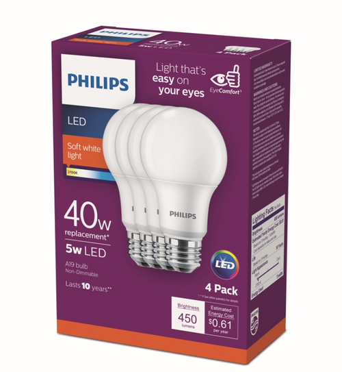 Philips A19 E26 (Medium) LED Bulb Soft White 40 Watt Equivalence