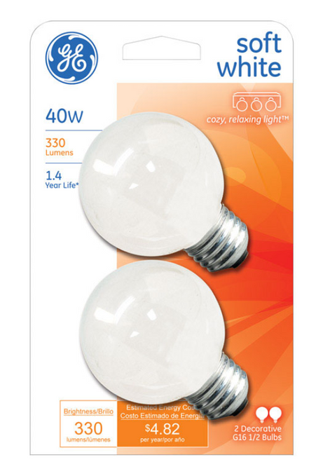 GE 40 W G16.5 Globe Incandescent Bulb E26 (Medium) Soft White 2 pk