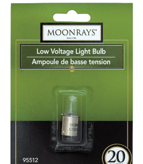 The Moonrays 20-watt Bayonet Base Light Bulb is compatible with 12-volt Low-Voltage landscape lighting. This clear 20-watt, 12-volt single, contact bayonet bulb has an average lifespan of 2,000 hours, measures just over 1.5 inches in overall length (39-mms), and has a 250-lumen rating. These bulbs are perfect for illuminating gardens and walkways and provide the ideal accent, display, and general lighting for various applications. This bulb replacement works with all bayonet base lights. For best results, replace your bulbs with bulbs of the same size and style that came with your original low-voltage light.