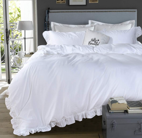 QSH Washed Cotton Ruffled King Duvet Cover Set – 3 Piece White Shabby Chic Ruffle Farmhouse Bedding, Vintage French Country Cottage Aesthetic Comforter Cover