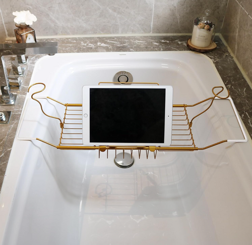 BESTHLS Copper Bathtub Tray Caddy – Luxury Expandable Bath Tub Tray (20-38") with Wine Glass Holder, Soap Organizer & Adjustable Laptop/Book Stand – Home Spa Gift