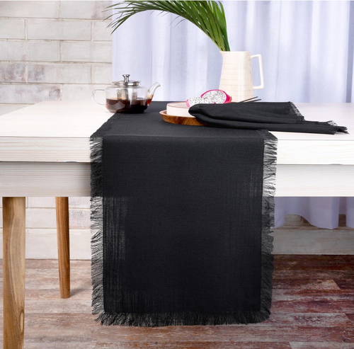 D'Moksha Homes Fringe Black Table Runner 14 x 60 Inch - Faux Linen Short Table Runner - Rustic, Wrinkle Resistant, Machine Washable Ideal for Dresser, Coffee Tables, Summer - 100% Recycled Fabric