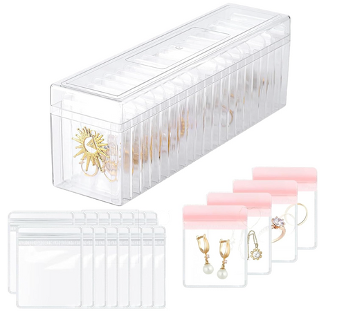 Acrylic Jewelry Box Organizer with 40 PVC Anti-Tarnish Pouches – Clear Jewelry Storage Case with 20 Fixed Slots for Earrings, Rings & Necklaces – Travel Jewelry Holder