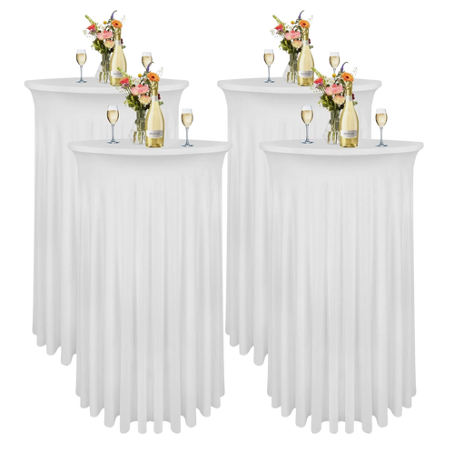 4 Pack Cocktail Table Skirt – 32x43 Inch White Highboy Spandex Tablecloth with Wavy Drapes for Wedding, Party, Bar & Event Tables