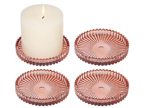 Vixdonos 3.8 Inch Glass Pillar Candle Holder Set – Pack of 4 Gear Round Plate Serrated Candle Stands for Home Decor, Dining & Events