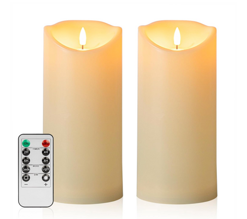 Large Flickering Flameless Candles with Remote – 4" x 9" Battery Operated LED Pillar Candles with Timer, Ivory Resin-Wax Set of 2 for Outdoor Lanterns & Porch
