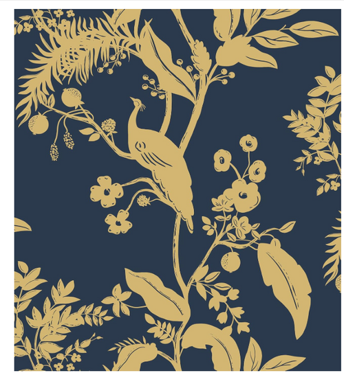 GloryTik 17.3" X 78.7" Blue and Gold Peel and Stick Wallpaper - Vintage Floral Boho Leaf/Bird/Flower