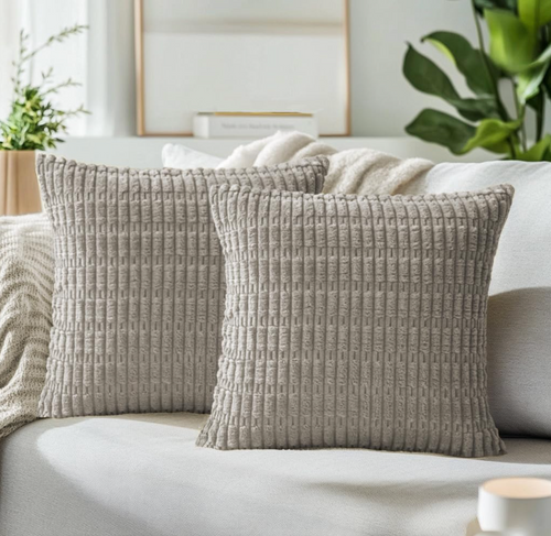 QUORGVES Throw Pillow Covers 16x16, Set of 2 – Light Grey Corduroy, Farmhouse/Rustic/Boho, Invisible Zipper, Soft & Hypoallergenic, Machine Washable