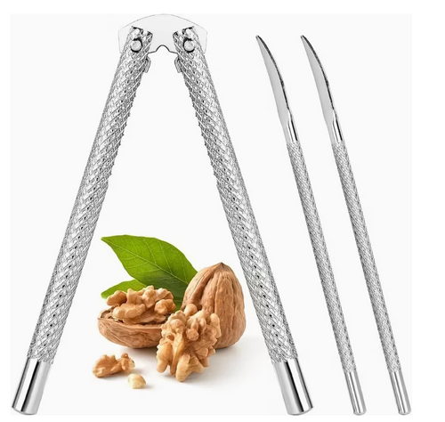 Stainless Steel Nutcracker Set with 2 Picks – Food-Safe Pecan & Walnut Cracker, Lobster/Seafood Tool, Durable All-Metal Construction