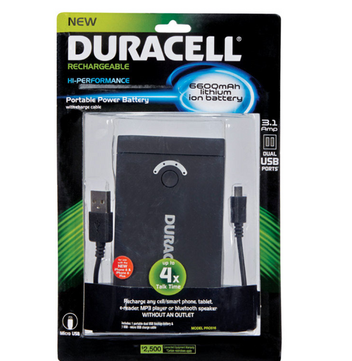 Duracell Backup Charger – Rechargeable Lithium-Ion Battery, 3 ft. Cable, LED Indicator Lights