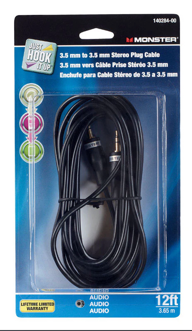 Monster Just Hook It Up 12 ft. Stereo Plug Cable – 3.5mm Connectors, Strain Relief Design, Premium Audio Quality Monster Just Hook It Up 12 ft. Stereo Plug Cable – 3.5mm Connectors, Strain Relief Design, Premium Audio Quality