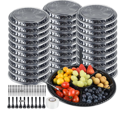 30-Pack 12.5" Appetizer Serving Trays with Lids (30 Trays + 30 Lids) – 6-Compartment PET Platters, Black, Disposable/Reusable, Includes 200 Fruit Forks + 50 Dessert Forks 30-Pack 12.5" Appetizer Serving Trays with Lids (30 Trays + 30 Lids) – 6-Compartment PET Platters, Black, Disposable/Reusable, Includes 200 Fruit Forks + 50 Dessert Forks