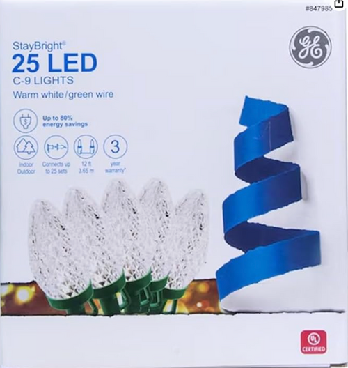 GE 25-Count Warm White StayBright LED C9 String Lights – 12 ft Indoor/Outdoor Christmas Light Set