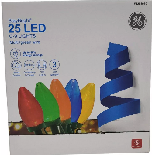 GE StayBright 25-Count Multicolor C9 LED String Lights ― 12 ft Indoor/Outdoor Plug-In Set