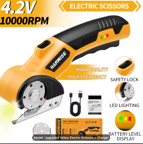 HANWISE 4.2V Cordless Electric Scissors – 10,000 RPM Rotary Cutter with Safety Lock, LED Light, 2000mAh Battery, Anti‑Slip Handle for Fabric, Cardboard, Carpet & Leather