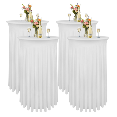 4 Pack Cocktail Table Skirt – 32x43 Inch White Highboy Spandex Tablecloth with Wavy Drapes for Wedding, Party, Bar & Event Tables