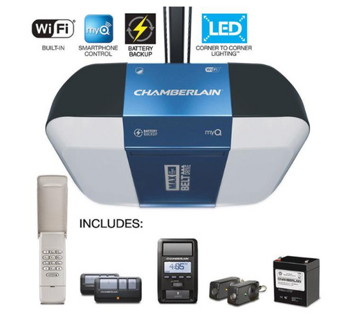 Chamberlain Group Chamberlain B1381 Bright LED Lighting Smartphone-Controlled Ultra-Quiet & Strong Belt Drive Garage Door Opener with Battery Backup & Max Lifting Power, 1.25 hp, Blue