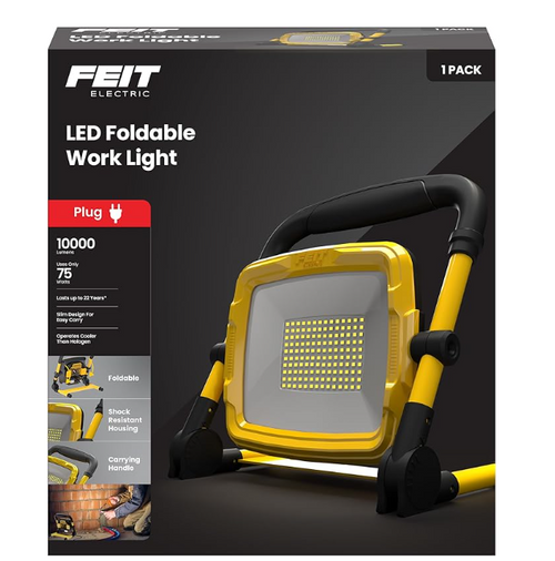 Feit Electric WORK10000XLPLUGFOLD Portable Plug-in LED Work Light, 10,000 Lumens, 5000K Daylight, Heavy-Duty 18/3 Power Cord, Compact Folding Design, 30,000-Hour Lifespan
