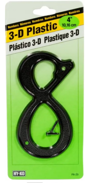 Hy Ko PN-29/8 4 Inch Black Plastic House Number 8