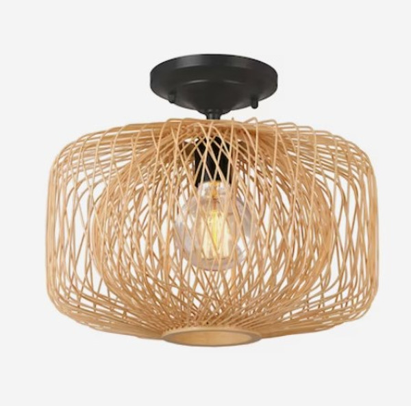 allen + roth Harlowe 1-Light 13-in Matte Black Canopy with Natural Rattan Shade Incandescent Semi-flush Mount Light allen + roth Harlowe 1-Light 13-in Matte Black Canopy with Natural Rattan Shade Incandescent Semi-flush Mount Light