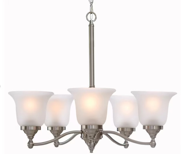 Project Source Roseall 5‑Light Chandelier – Brushed Nickel, Frosted Glass Shades, Dimmable, Up/Down Install, Adjustable Chain, ETL Listed Project Source Roseall 5‑Light Chandelier – Brushed Nickel, Frosted Glass Shades, Dimmable, Up/Down Install, Adjustable Chain, ETL Listed