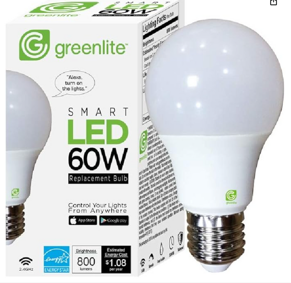 Make your home bright, install Greenlite voice-enabled smart Wi-Fi LED bulbs, and control your home lighting with your voice. These bulbs require no hub and can be easily linked to your Amazon Alexa or Google Assistant in minutes. Download the Greenlite app and connect your Wi-Fi LED bulb; you're ready to go. Then, you can quickly link additional Greenlite Wi-Fi LED bulbs throughout your home. These bulbs produce museum-quality soft white light (2700K) that instantly beautifies your home. Industry-leading technology; Up to 85% more energy efficient than standard light bulbs; controls your lights from anywhere; shatterproof; approved for use in wet locations Make your home bright, install Greenlite voice-enabled smart Wi-Fi LED bulbs, and control your home lighting with your voice. These bulbs require no hub and can be easily linked to your Amazon Alexa or Google Assistant in minutes. Download the Greenlite app and connect your Wi-Fi LED bulb; you're ready to go. Then, you can quickly link additional Greenlite Wi-Fi LED bulbs throughout your home. These bulbs produce museum-quality soft white light (2700K) that instantly beautifies your home. Industry-leading technology; Up to 85% more energy efficient than standard light bulbs; controls your lights from anywhere; shatterproof; approved for use in wet locations