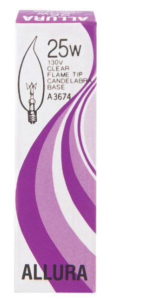 Satco ALLURA 25 W CA9 Chandelier Incandescent Bulb E12 (Candelabra) Soft White 1 pk Satco ALLURA 25 W CA9 Chandelier Incandescent Bulb E12 (Candelabra) Soft White 1 pk