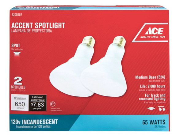 Ace 65 W BR30 Spotlight Incandescent Light Bulb Medium Base (E26) Soft White 2 pk