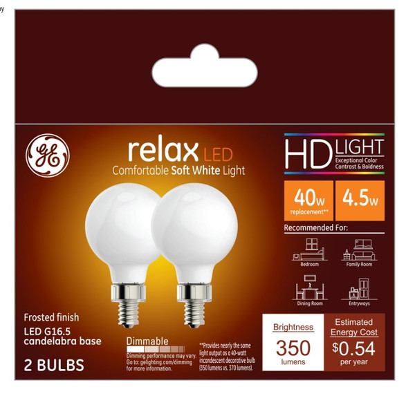 GE Relex G16.5 E12 (Candelabra) LED Bulb Soft White 40 Watt Equivalence 2 pk