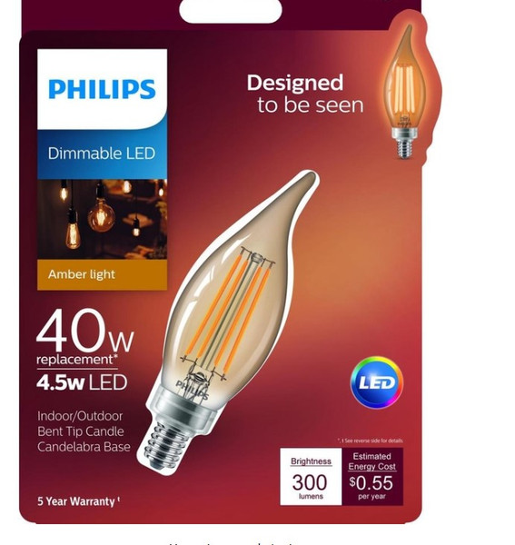 Philips BA11 E12 (Candelabra) LED Bulb Amber Warm White 40 Watt Equivalence 1 pk Philips BA11 E12 (Candelabra) LED Bulb Amber Warm White 40 Watt Equivalence 1 pk