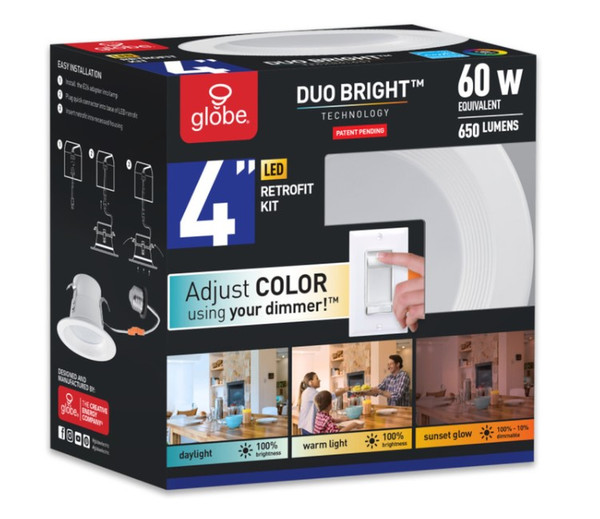 Globe Electric DuoBright 4" LED Retrofit Recessed Light – 10W, ENERGY STAR, White Plastic, Color-Changing Technology