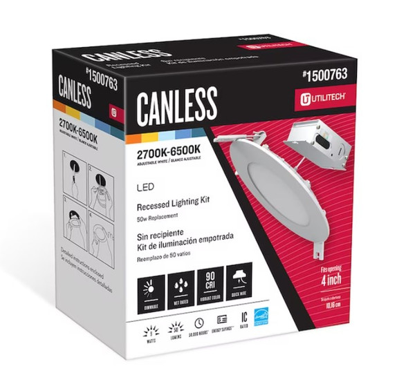 Utilitech Color Choice White 4-in 540-Lumen Switchable White Round Dimmable LED Canless Recessed Downlight Utilitech Color Choice White 4-in 540-Lumen Switchable White Round Dimmable LED Canless Recessed Downlight
