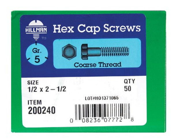 Hillman 1/2 in. D X 2-1/2 in. L Heat Treated Zinc Steel Hex Head Cap Screw 25 pk Hillman 1/2 in. D X 2-1/2 in. L Heat Treated Zinc Steel Hex Head Cap Screw 25 pk