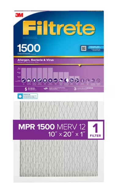 Filtrete 10-in W x 20-in L x 1-in 12 MERV 1500 MPR Allergen, Bacteria and Virus Electrostatic Pleated Air Filter