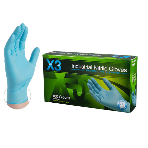 AMMEX Xtreme X3 Blue Nitrile Industrial Latex Free Disposable Gloves