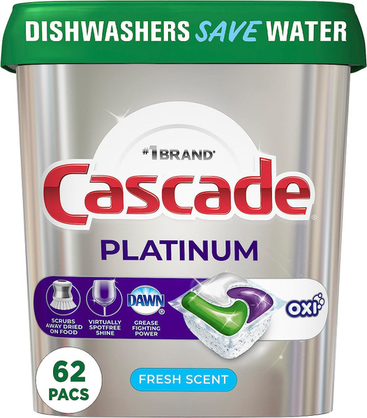 Cascade Platinum Dishwasher Soap Pods, Actionpacs + Oxi with Dishwasher Cleaner and Deodorizer Action, Fresh, 62 Count of Dish Detergent Pods Cascade Platinum Dishwasher Soap Pods, Actionpacs + Oxi with Dishwasher Cleaner and Deodorizer Action, Fresh, 62 Count of Dish Detergent Pods