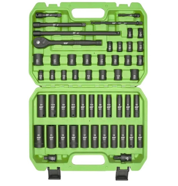 3/8" Drive Impact Socket Set, 52 Piece Standard SAE (5/16-3/4 inch) and Metric (8-22mm) Shallow & Deep Sockets