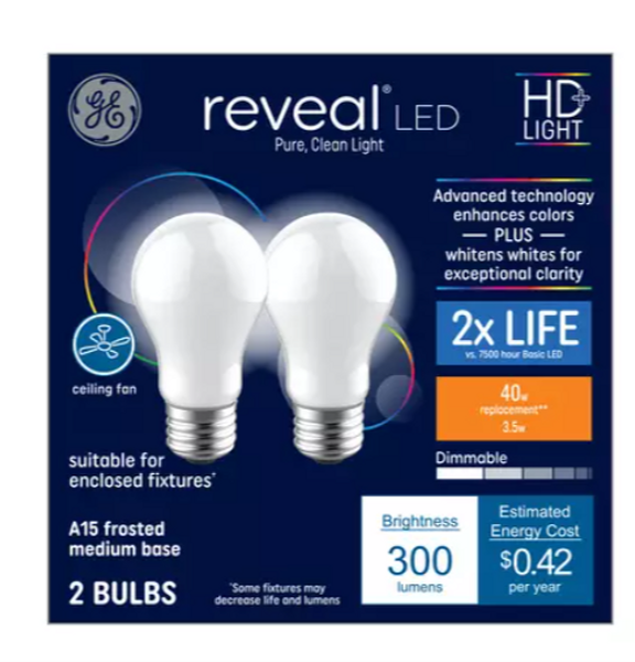 GE Reveal HD+ LED 40 Watt Replacement, Reveal, A15 Ceiling Fan Bulbs (2 Pack) GE Reveal HD+ LED 40 Watt Replacement, Reveal, A15 Ceiling Fan Bulbs (2 Pack)